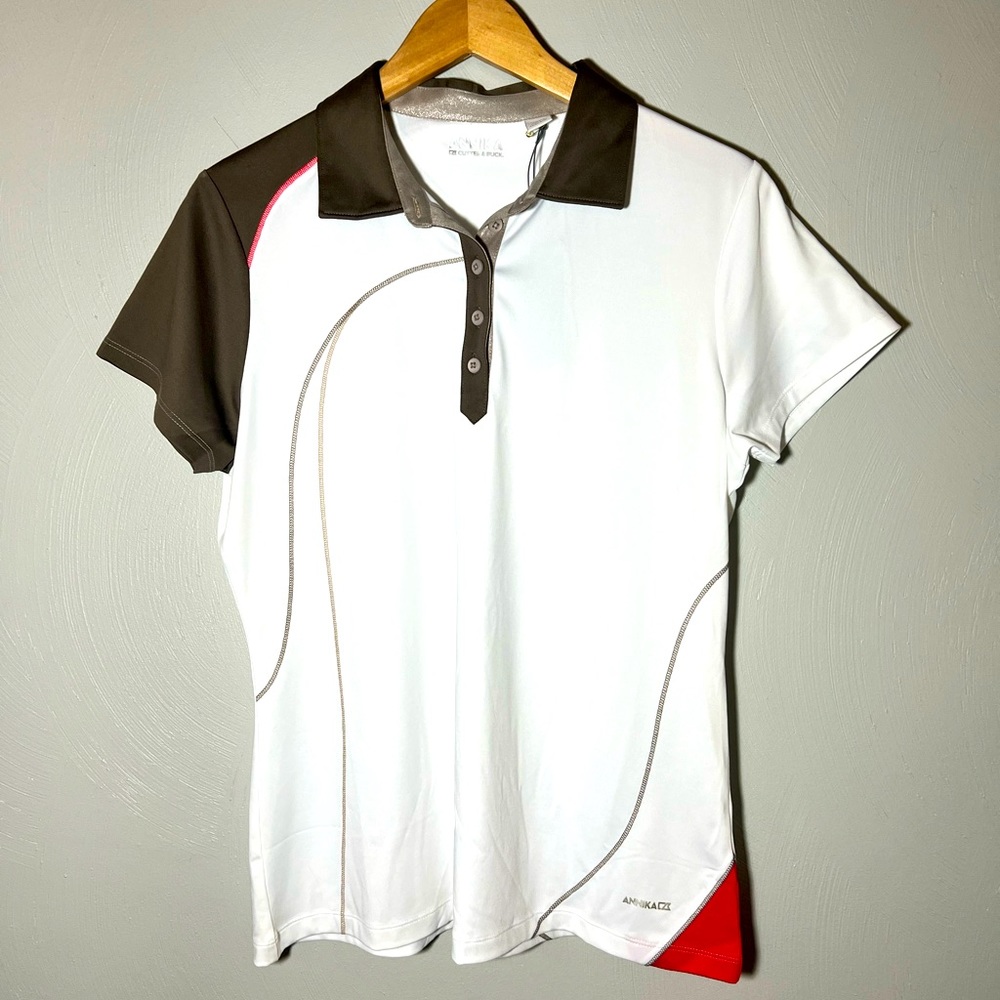 Annika Cutter & Buck Golf Shirt Large White/Brown/Red